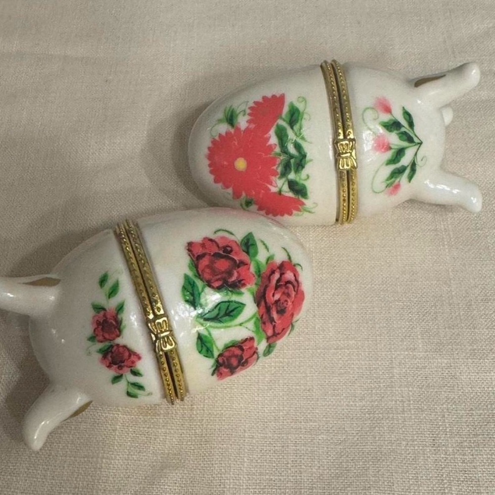 Vintage white porcelain floral hinged egg-shaped trinket box set